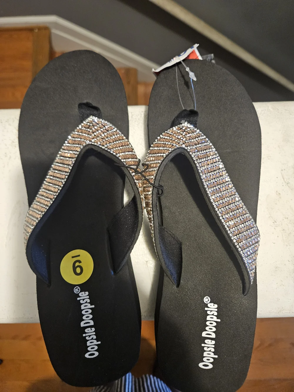 Oopsie Doopsie Women's Black Sandals with Sparkling Rose-Gold Straps
